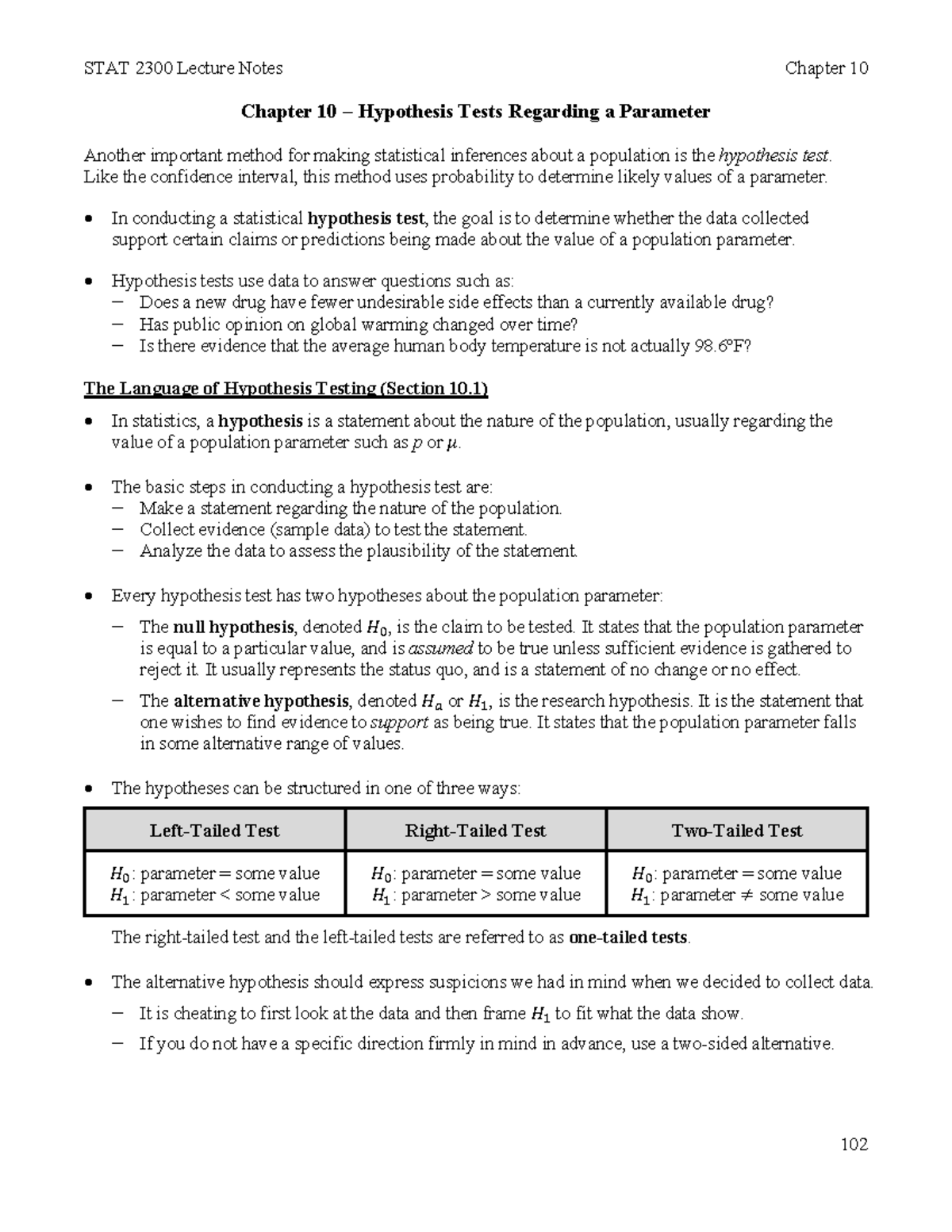 Chapter 10 Notes Fall 22 - Chapter 10 – Hypothesis Tests Regarding A ...