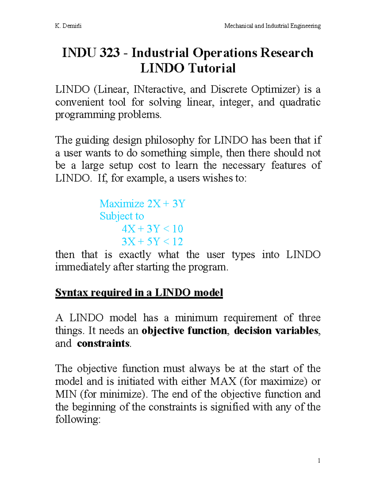 Lindo Tutorial - INDU 323 - Industrial Operations Research LINDO ...