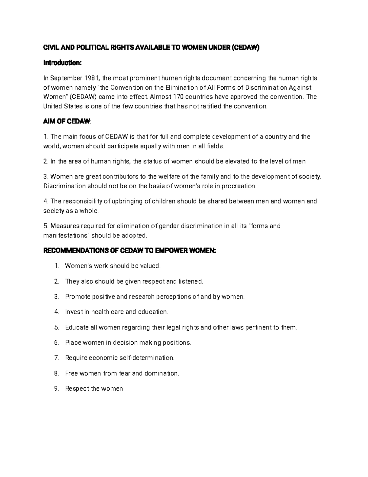 Women( Cedaw) - CIVIL AND POLITICAL RIGHTS AVAILABLE TO WOMEN UNDER ...