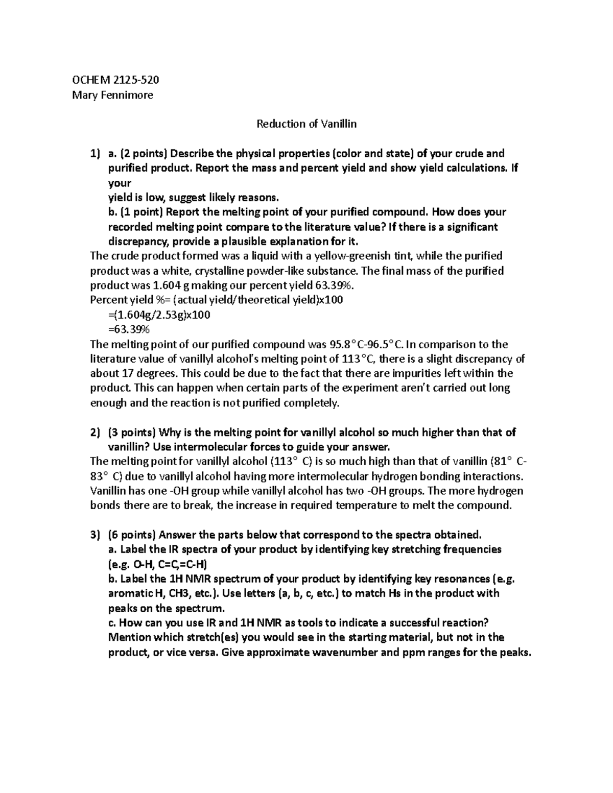 Ochem II Reduction Of Vanillin Post Lab - OCHEM 2125- Mary Fennimore ...