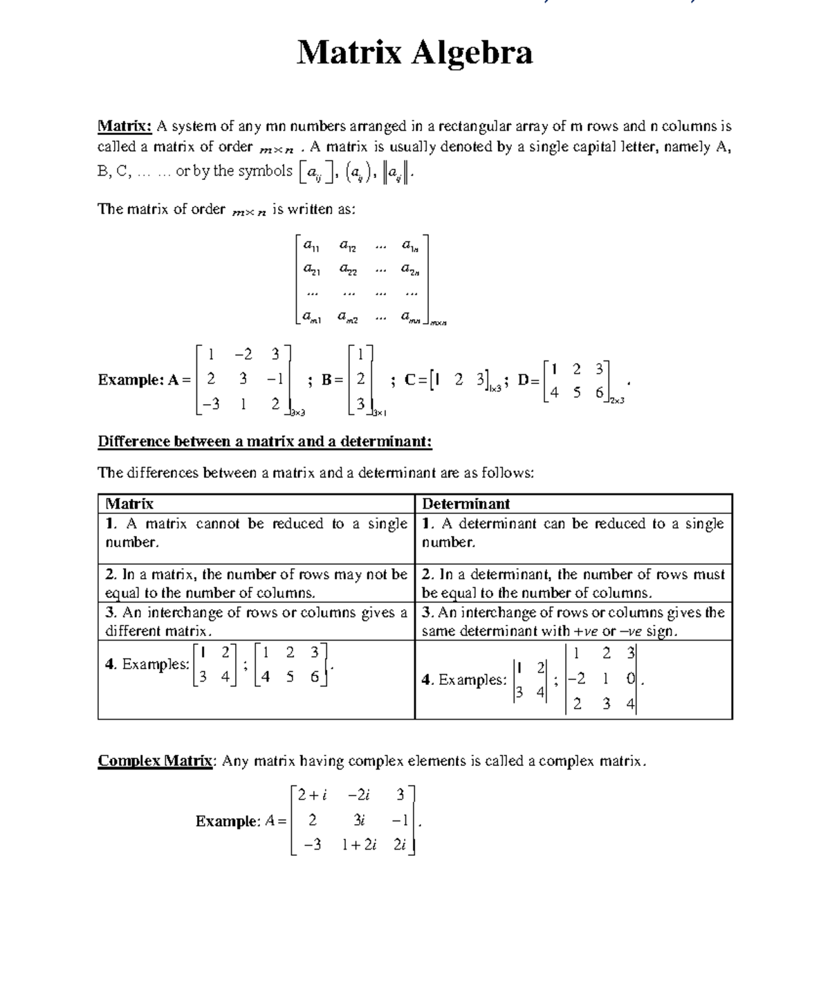 Matrix Algebra - Matrix Algebra Matrix: A system of any mn numbers ...