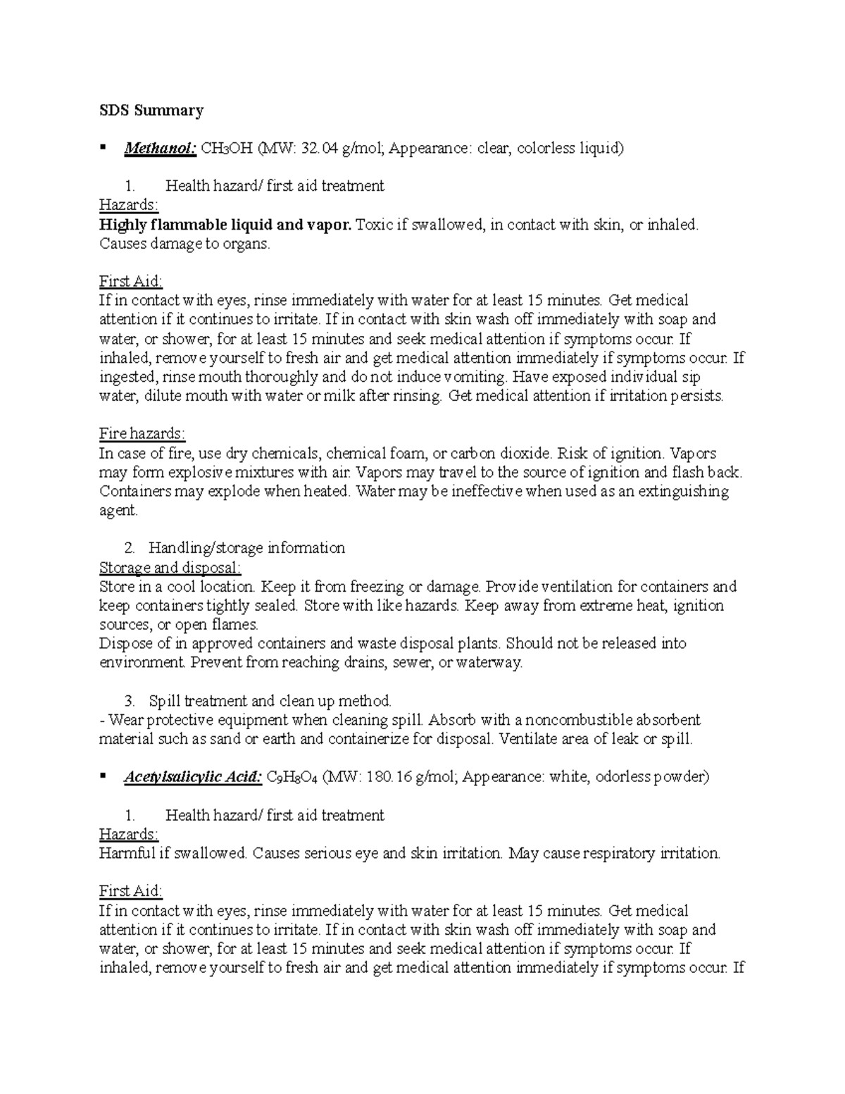 Lab 6 SDS - Report - SDS Summary Methanol: CH 3 OH (MW: 32 g/mol ...