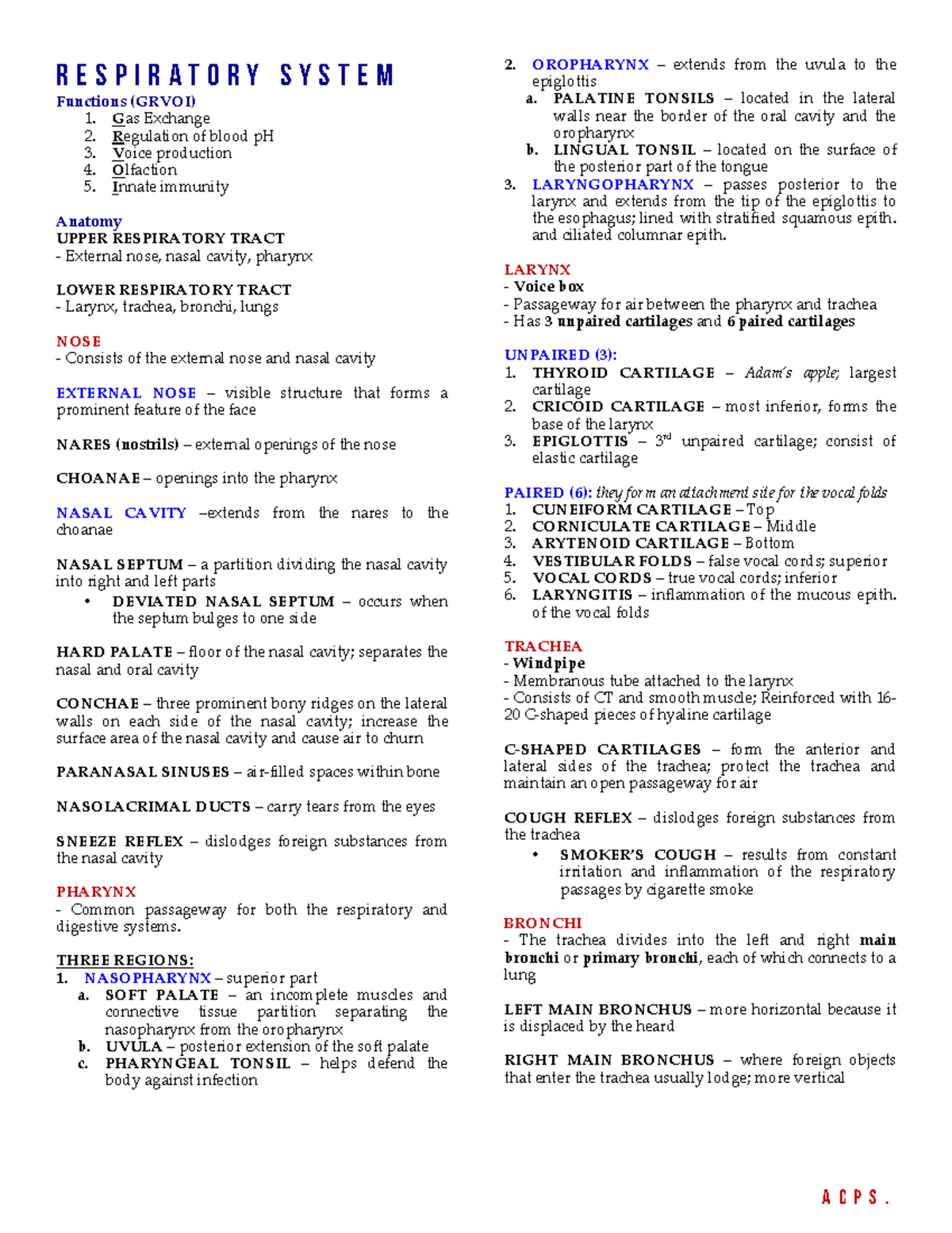 Respiratory System - R e s p i r a t o r y S y s t e m Functions (GRVOI ...