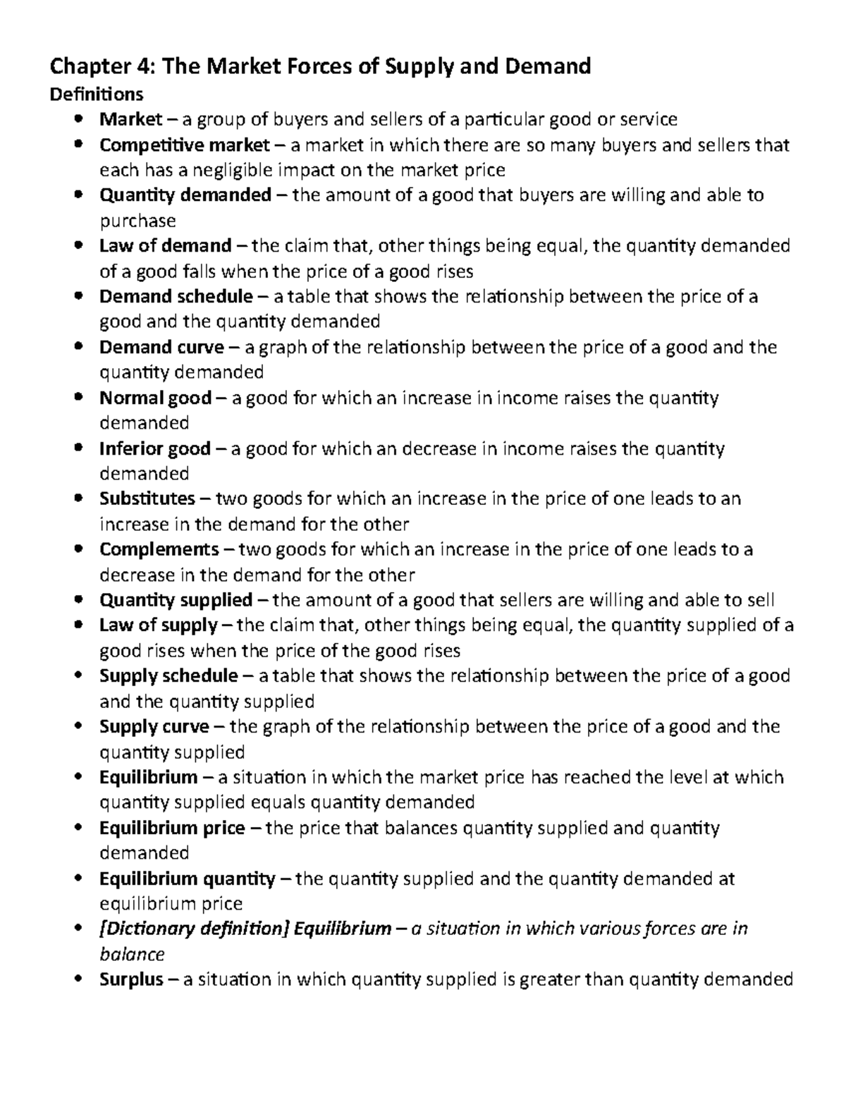 Chapter 4 notes - Chapter 4: The Market Forces of Supply and Demand ...