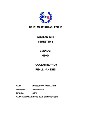 Soalan Penulisan ESEI SEM 1 2021  AE EKONOMI 1 SEMESTER 1 SESI 2020