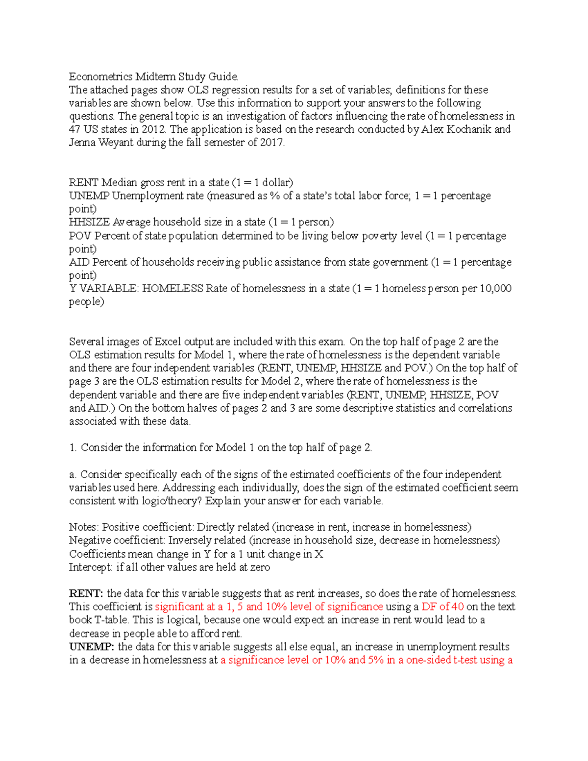 Econometrics midterm study guide - The attached pages show OLS ...