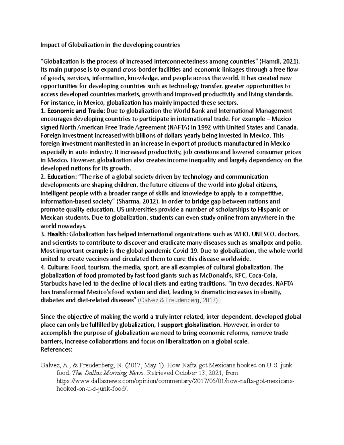 Discussion post - Impact of Globalization in the developing countries ...