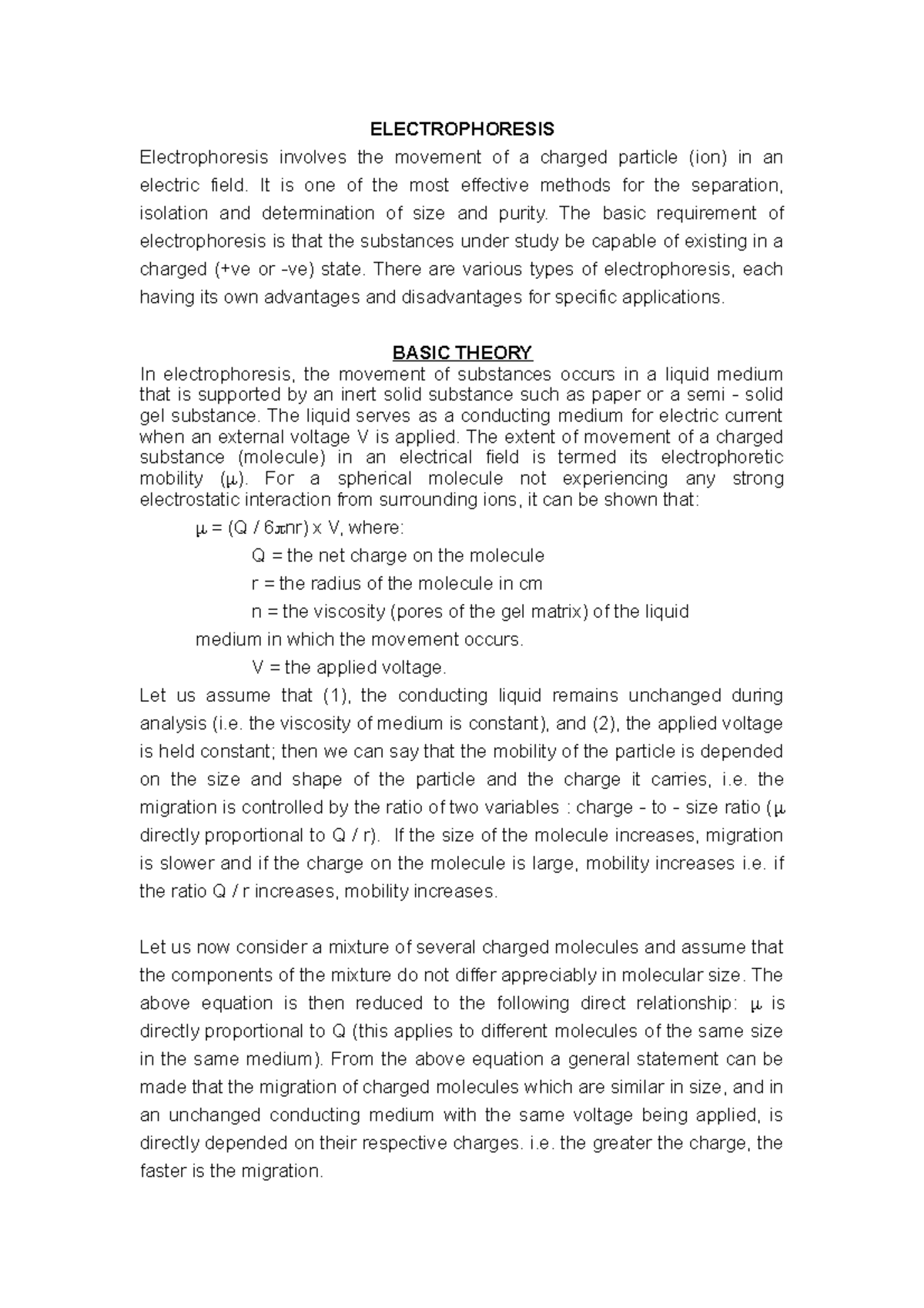BCH 214 Class notes Electrophoresis ELECTROPHORESIS Electrophoresis