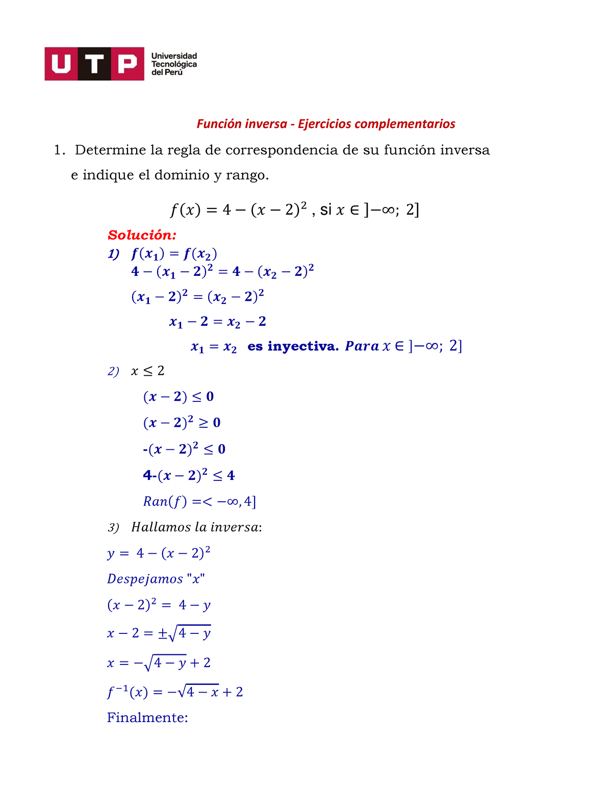 S03s2 Función Inversa Ejercicios Complemetarios Resueltos FunciÛn Inversa Ejercicios 3468