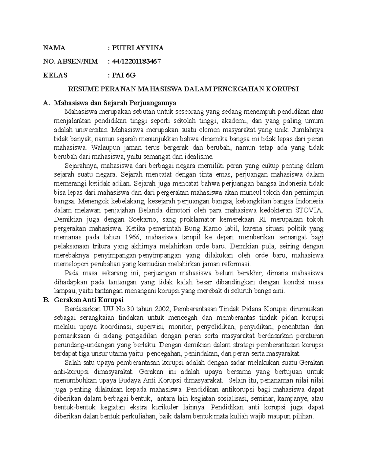 Pendidikan Anti Korupsi - Peranan Mahasiswa Dalam Pencegahan Korupsi ...