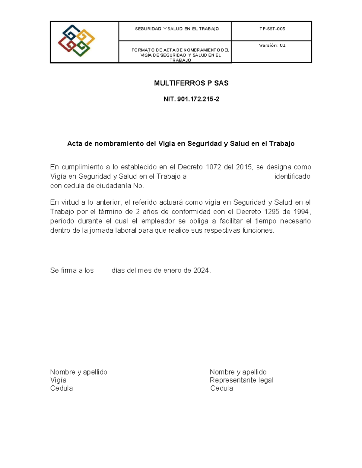 Tp Sst 006 Acta De Nombramiento Del Vigia En Seguridad Y Salud En El