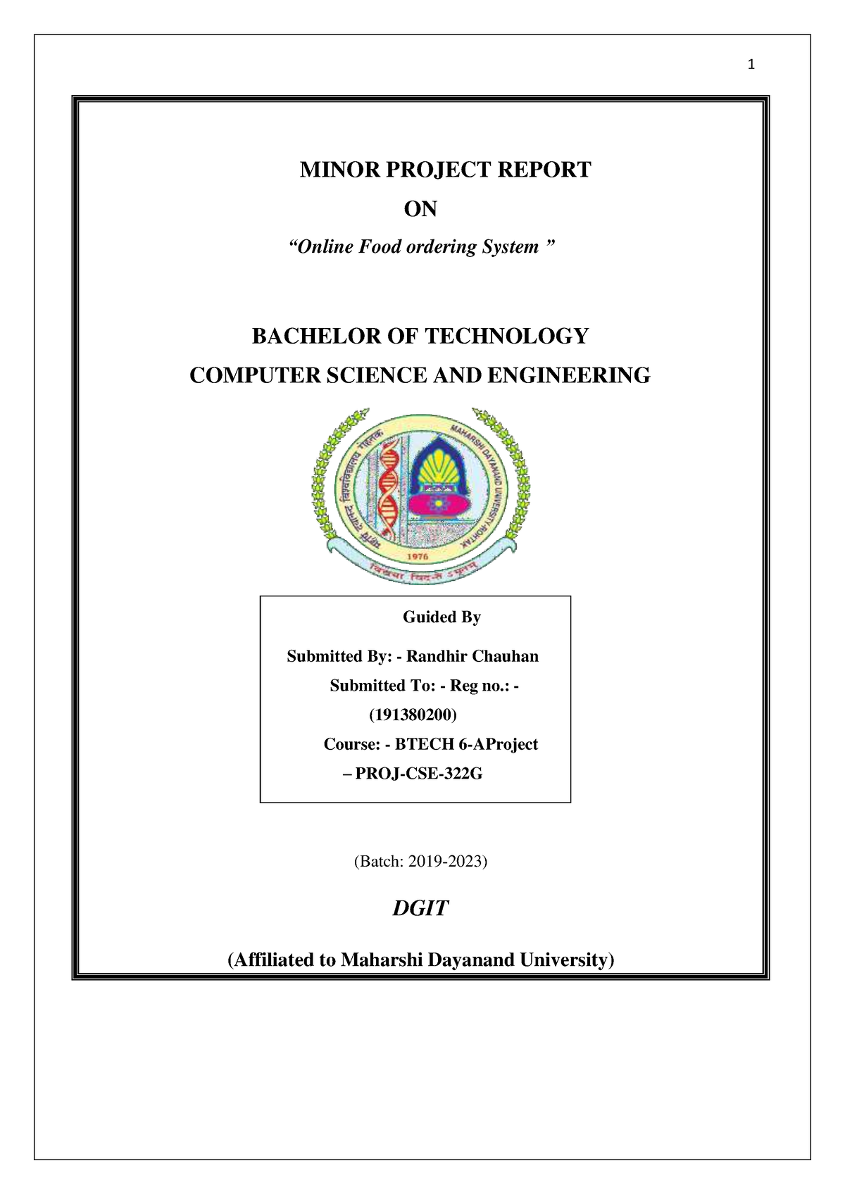 Project Report Cse - 1 Guided By Submitted By: - Randhir Chauhan ...