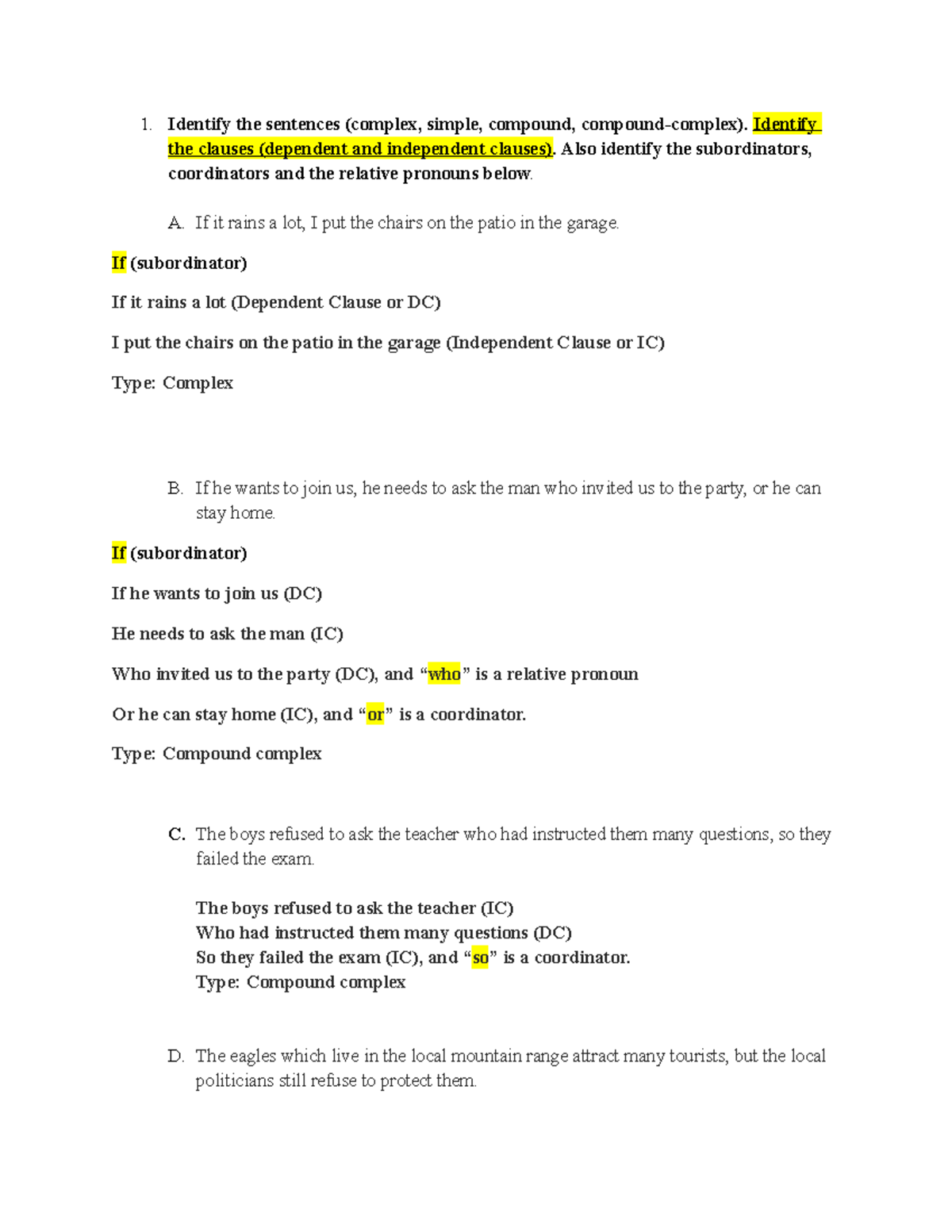Answer Keys (Sentence Structures) - Identify the sentences (complex ...