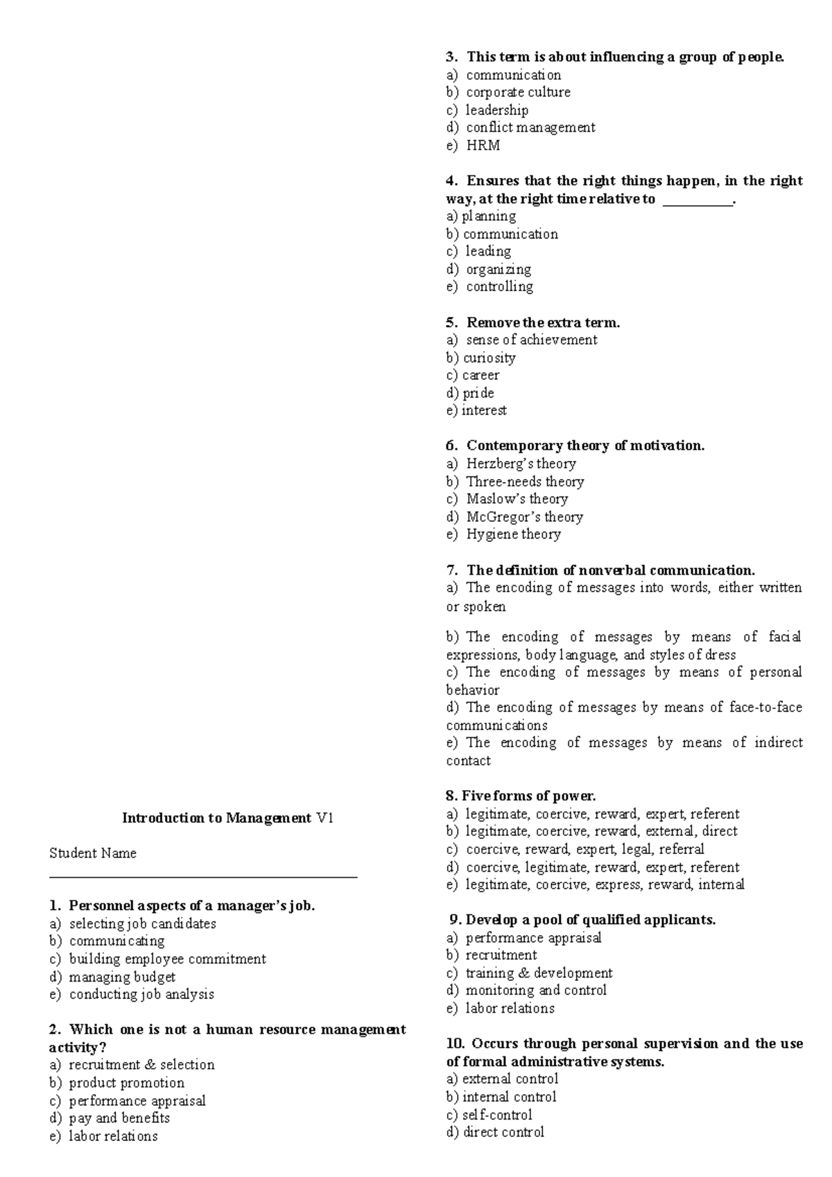 Endterm/Quiz Introduction to Management - Introduction to Management V ...