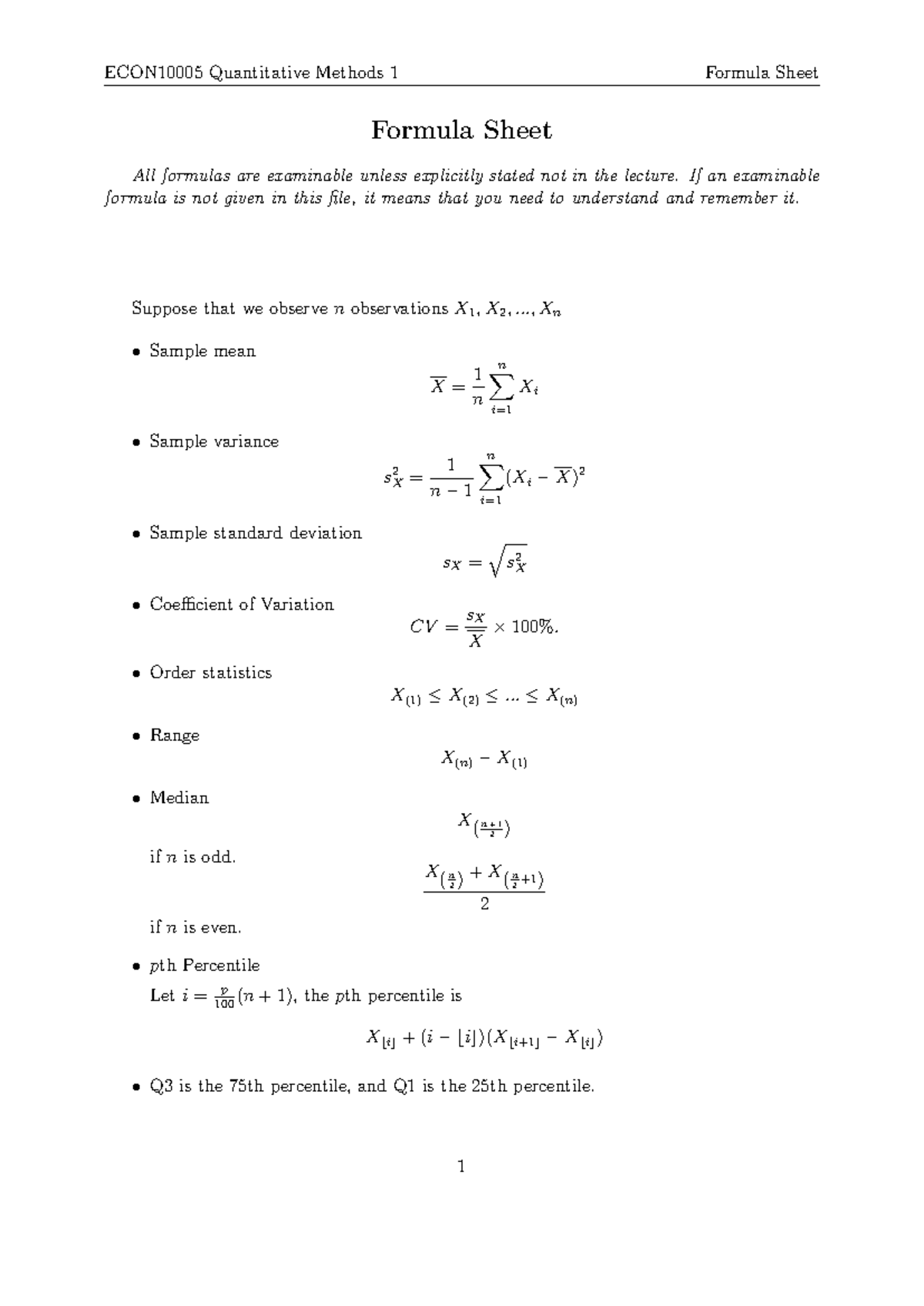 Formula sheet - Summary Quantitative Methods 1 - Formula Sheet All ...