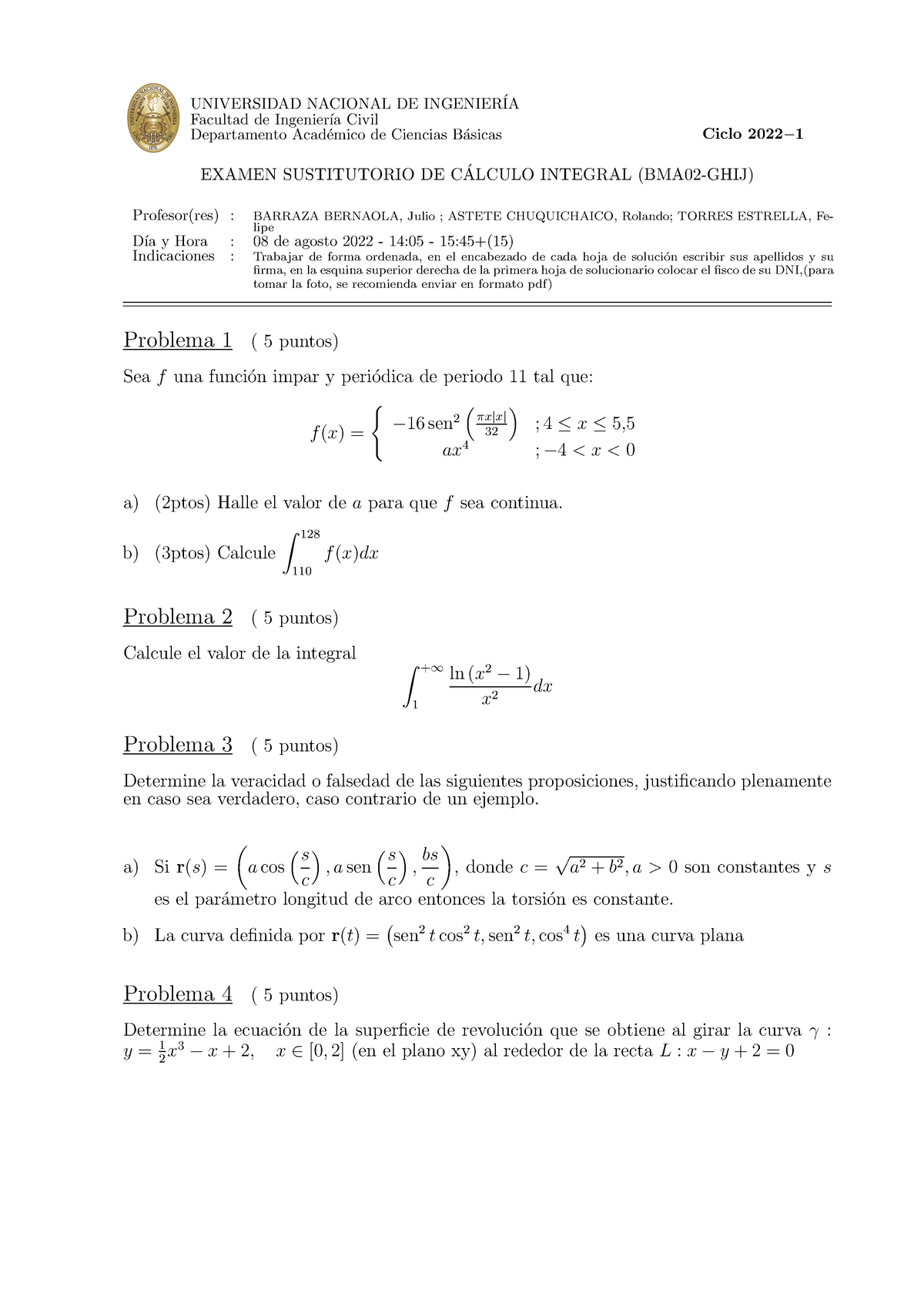 Es I Examen Sustitutoria De Calculo Integral Universidad Nacional De Ingenier Ia