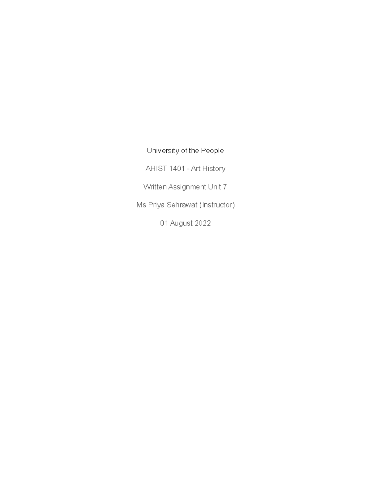 Week - Written Assignment (Picasso) - University of the People AHIST ...