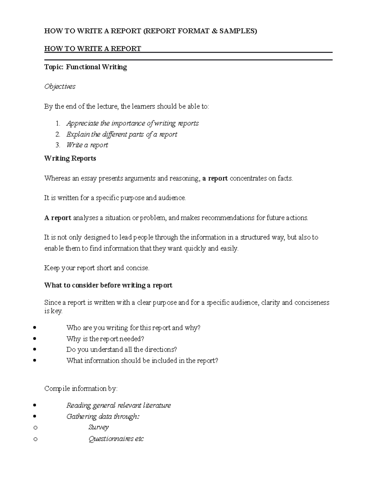 HOW TO Write A Report - HOW TO WRITE A REPORT (REPORT FORMAT & SAMPLES ...