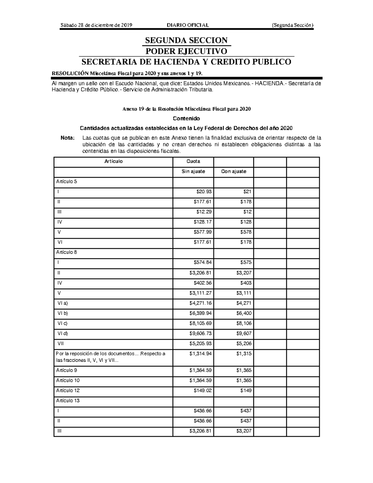 Anexo 19 RMF - Apuntes - Sábado 28 De Diciembre De 2019 DIARIO OFICIAL ...