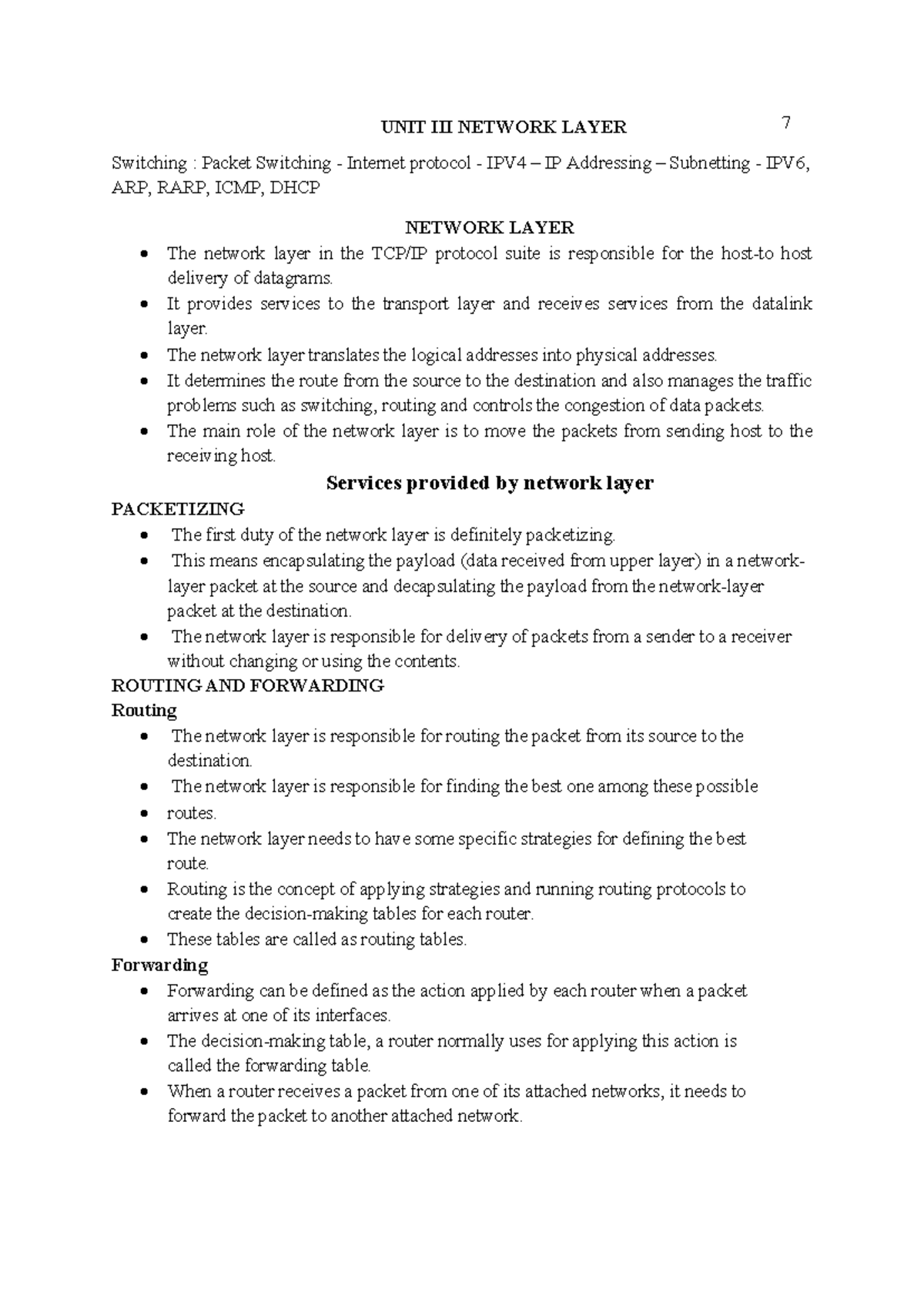 CS3591 Unit 3 - Unit 3 - UNIT III NETWORK LAYER 7 Switching : Packet ...