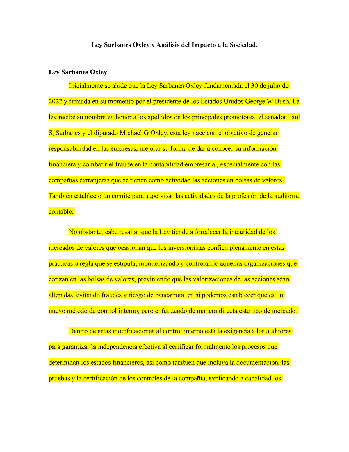 Ley Sarbanes Oxley Y An Lisis Del Impacto A La Sociedad Ley Sarbanes Oxley Inicialmente Se