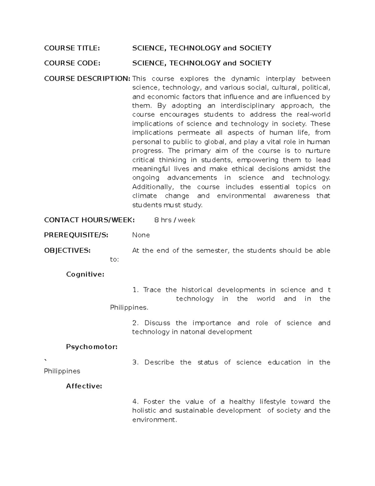 Course Outline Gen Ed Science - COURSE TITLE: SCIENCE, TECHNOLOGY and ...