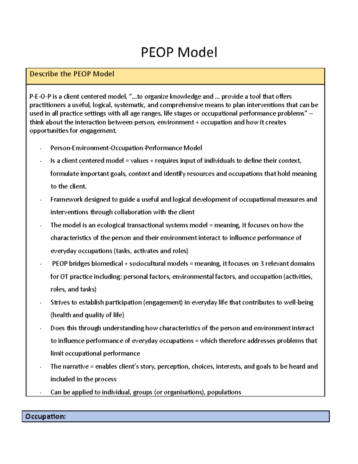 PEOP Model PEOP Model Describe the PEOP Model PEOP is a client