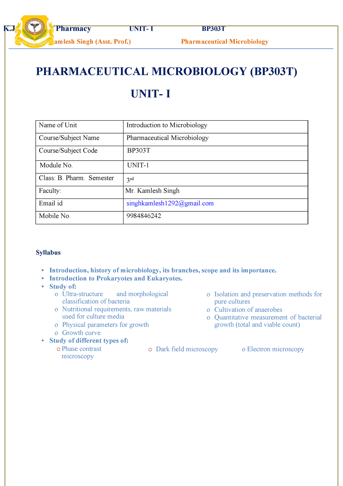 BP303T PMB UNIT I - Mr. Kamlesh Singh (Asst. Prof.) Pharmaceutical ...