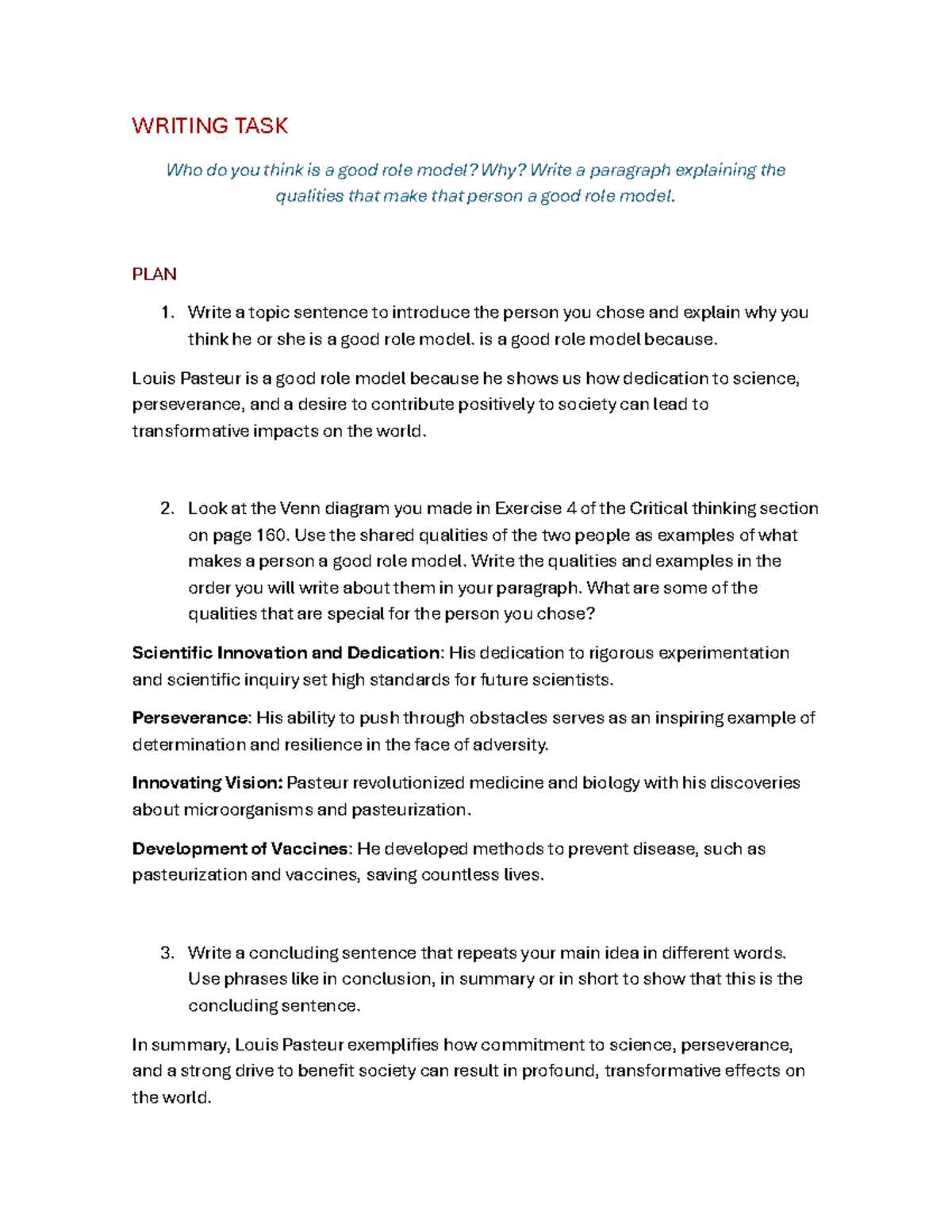Writing TASK - WRITING TASK Who do you think is a good role model? Why ...