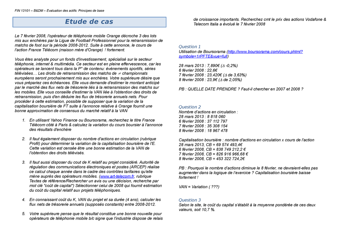 Etude de cas finance  FIN 13101 – B&DM – Evaluation des actifs