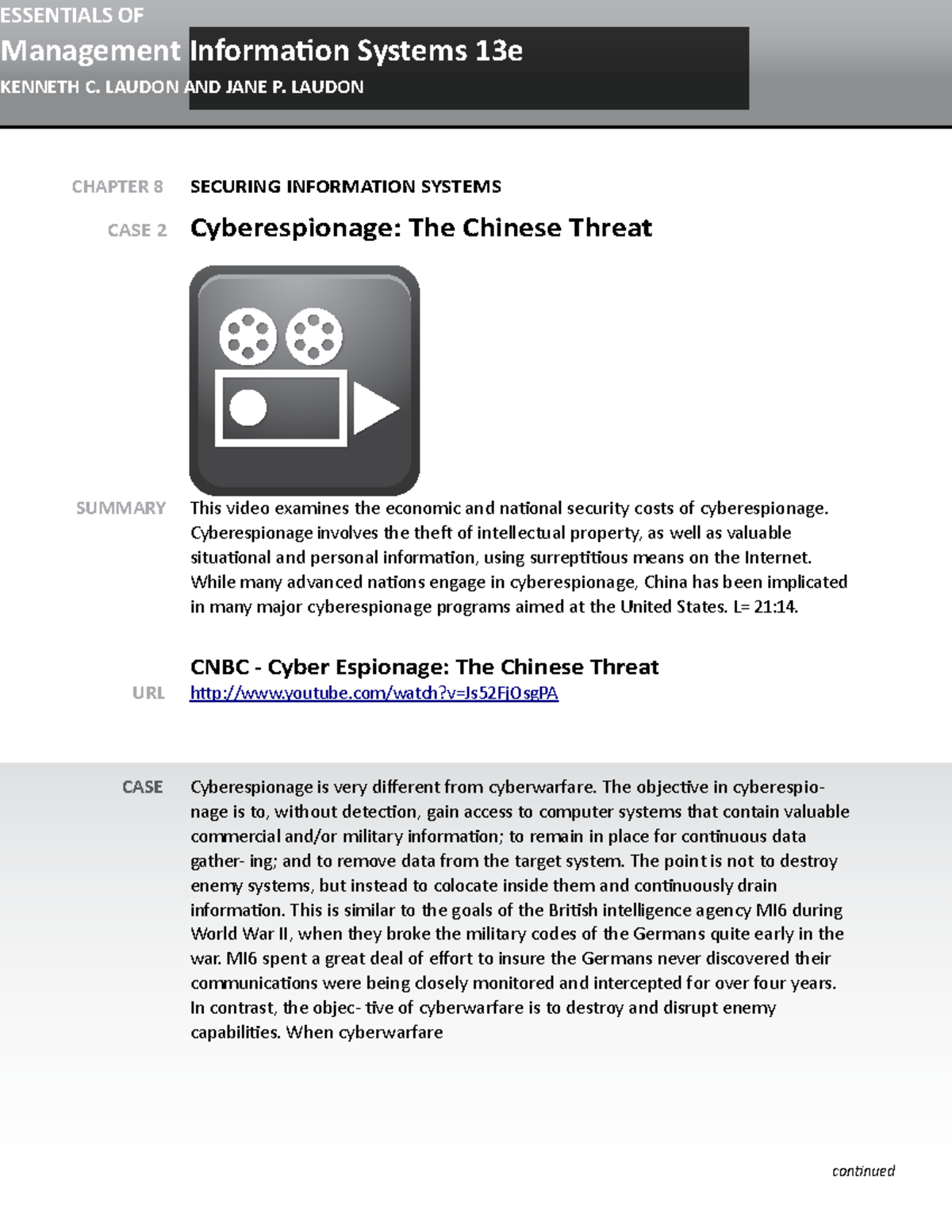 EMIS13 CH08 Case2 Cyberespionage - CHAPTER 8 SECURING INFORMATION ...