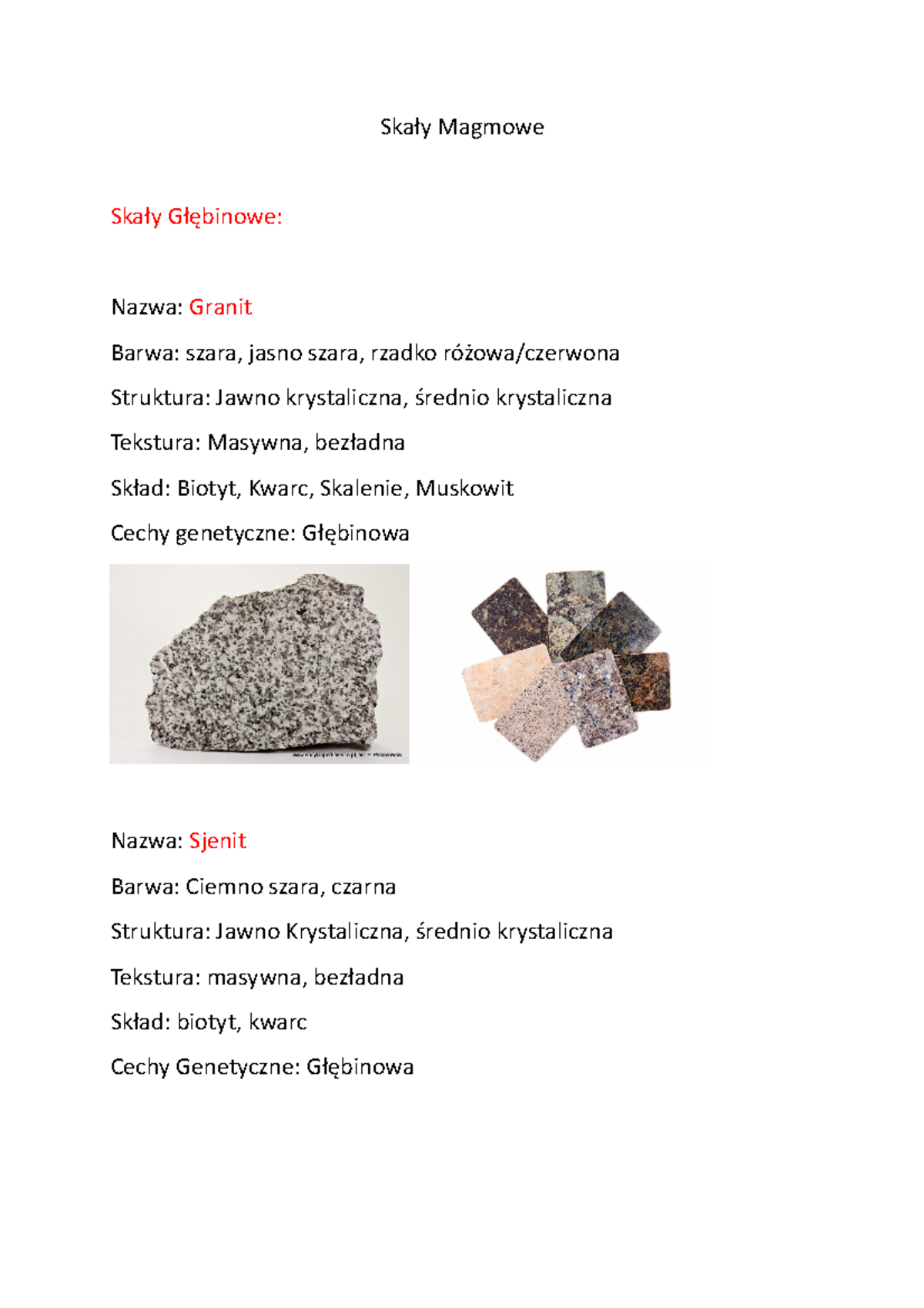 Geologia - Skały magmowe na kolokwium - Skały Magmowe Skały Głębinowe