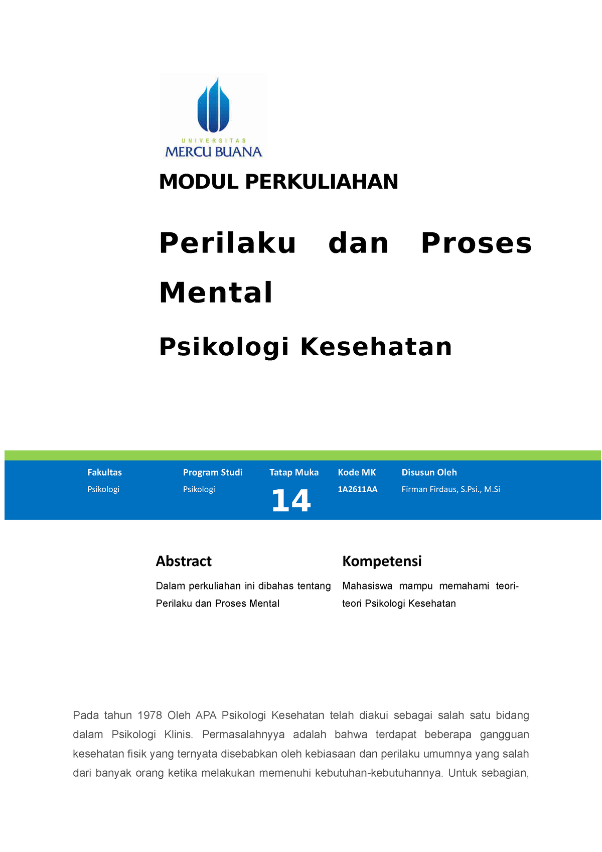 Modul 14 (Kesehatan Psikologi) - MODUL PERKULIAHAN Perilaku Dan Proses ...