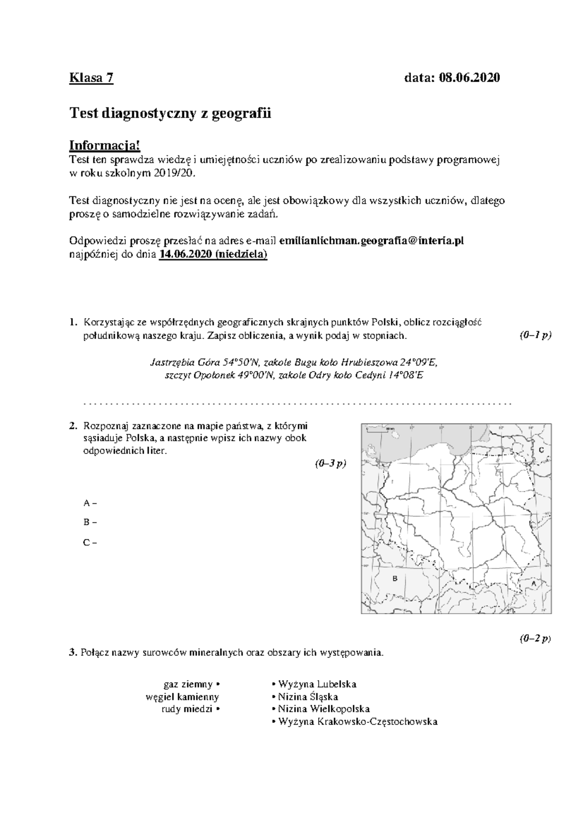 Klasa 7 Test diagnostyczny z geografii - Klasa 7 data: 08. Test