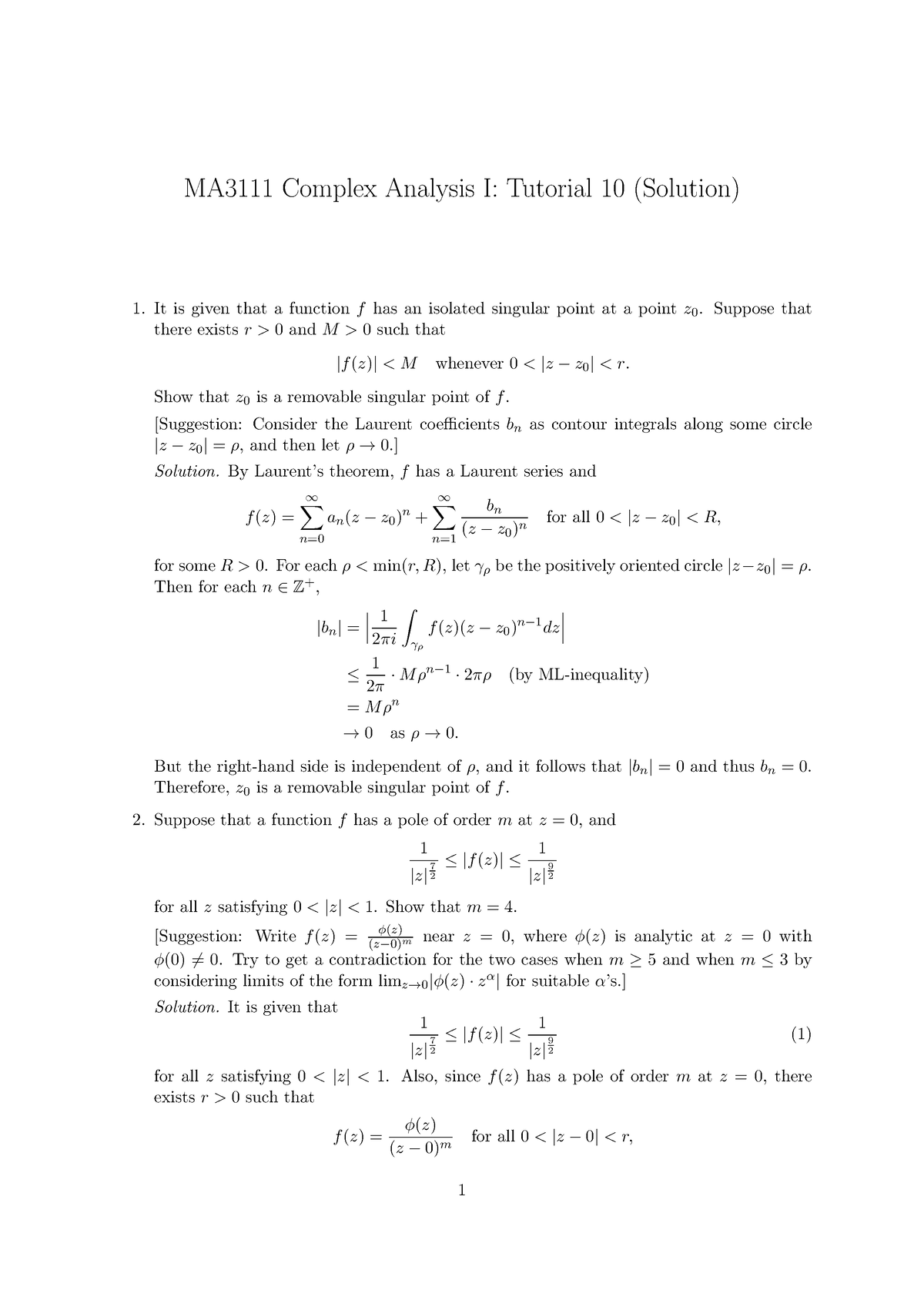 Isolated Singular - Theory Of Functions Of A Complex Variable - MA3111 ...