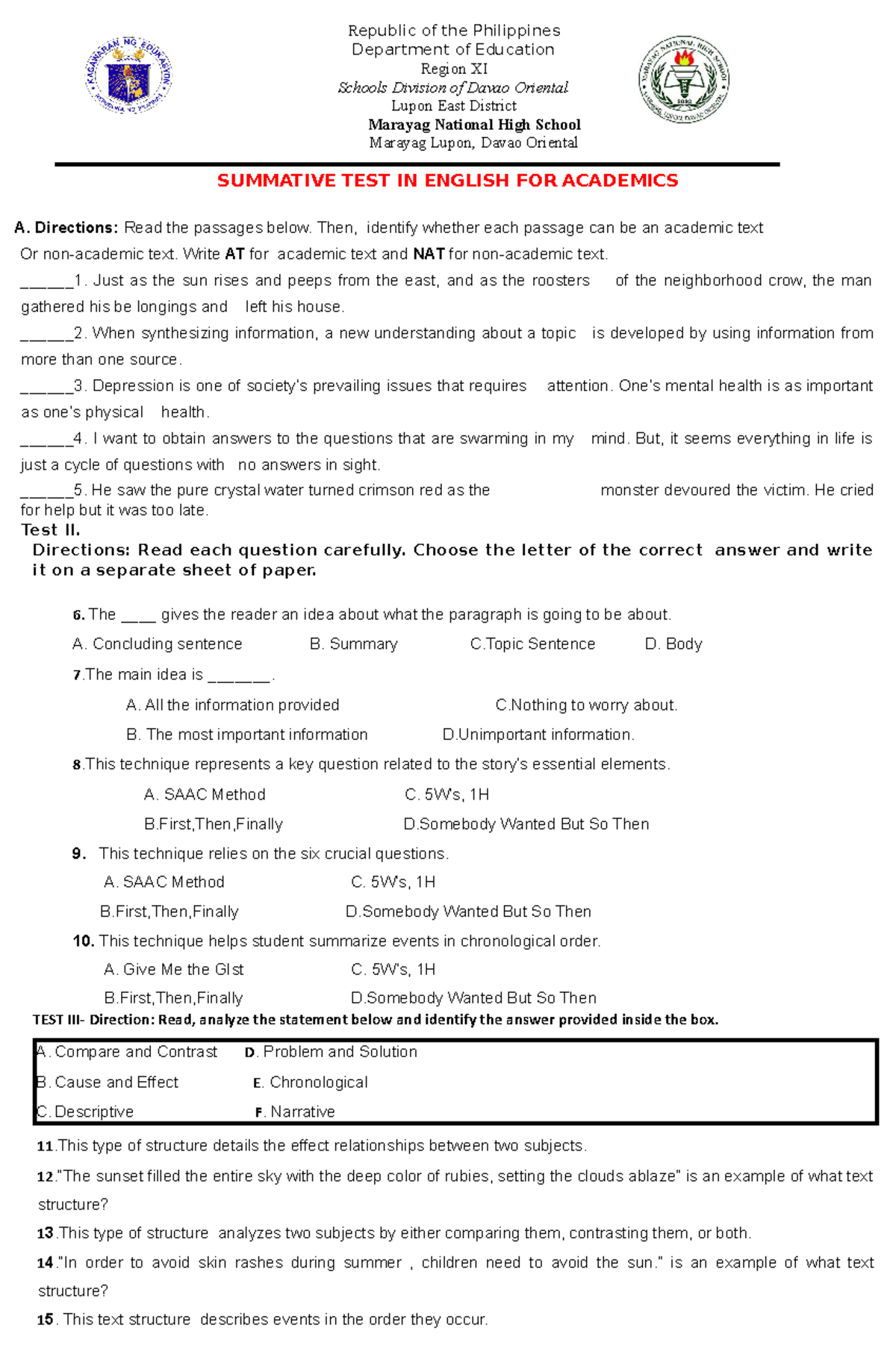 First summative test - Republic of the Philippines Department of ...