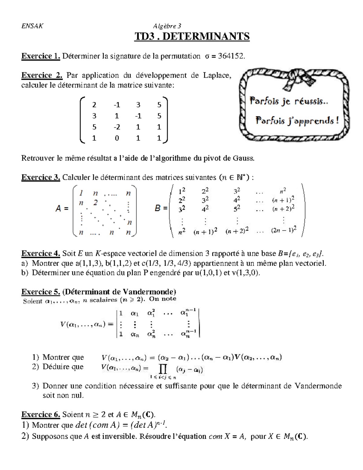 TD 3 Determinants - this is an algebra course - ENSAK Algèbre 3 TD3 ...