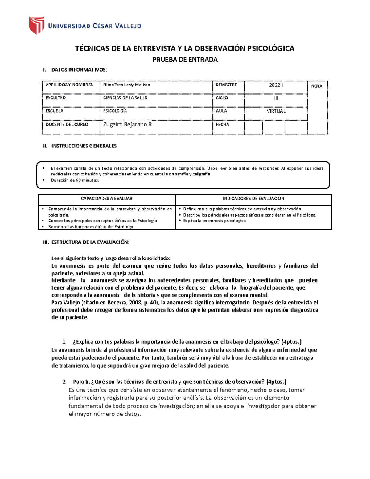 Examen DE Entrada - TÉCNICAS DE LA ENTREVISTA Y LA OBSERVACIÓN ...