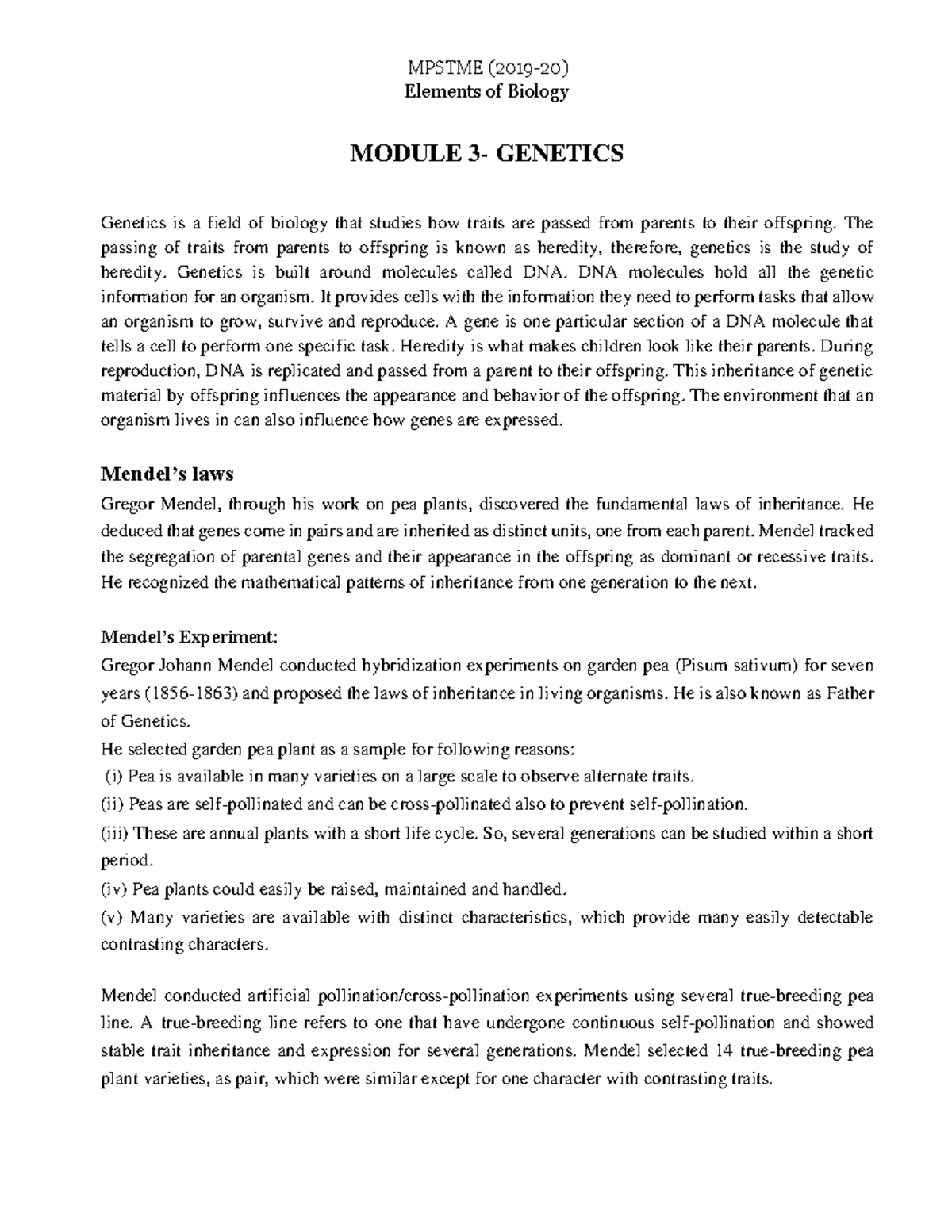 EOB Module 3 Genetics-1 - Elements of Biology MODULE 3- GENETICS ...