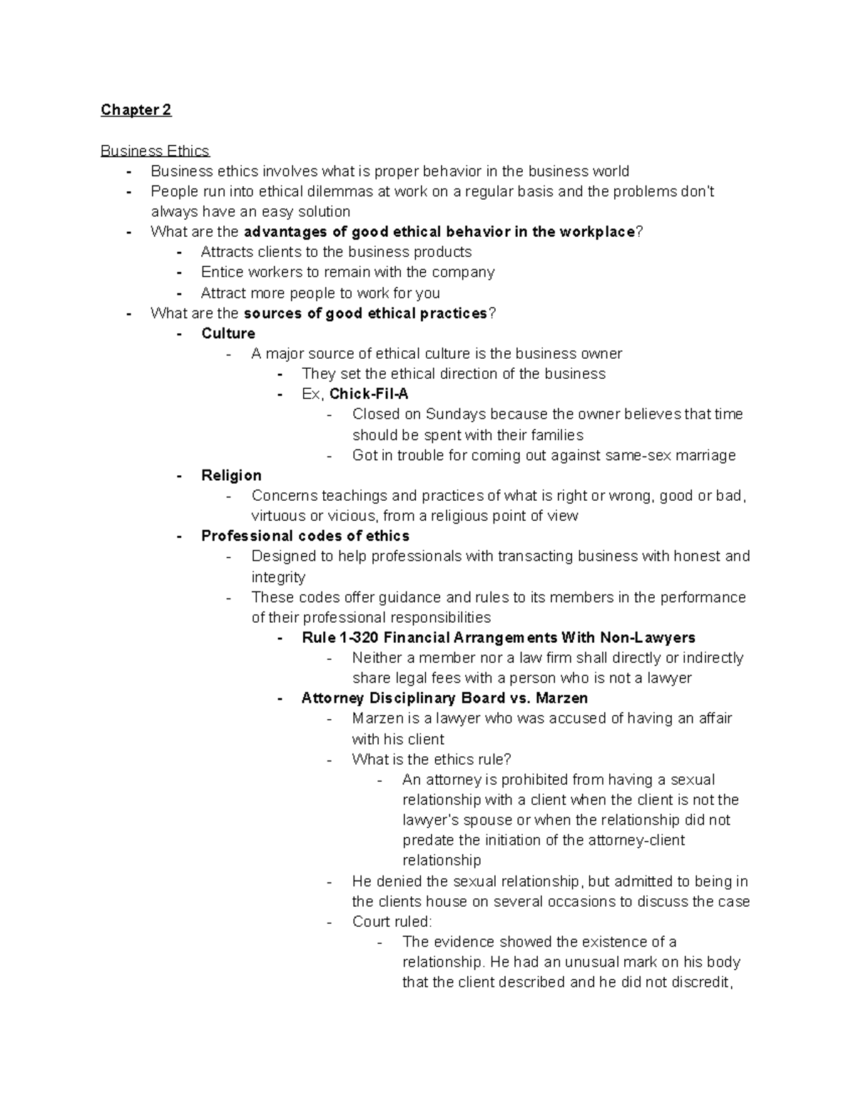 Chapter 2 Notes - Chapter 2 Business Ethics - Business Ethics Involves ...