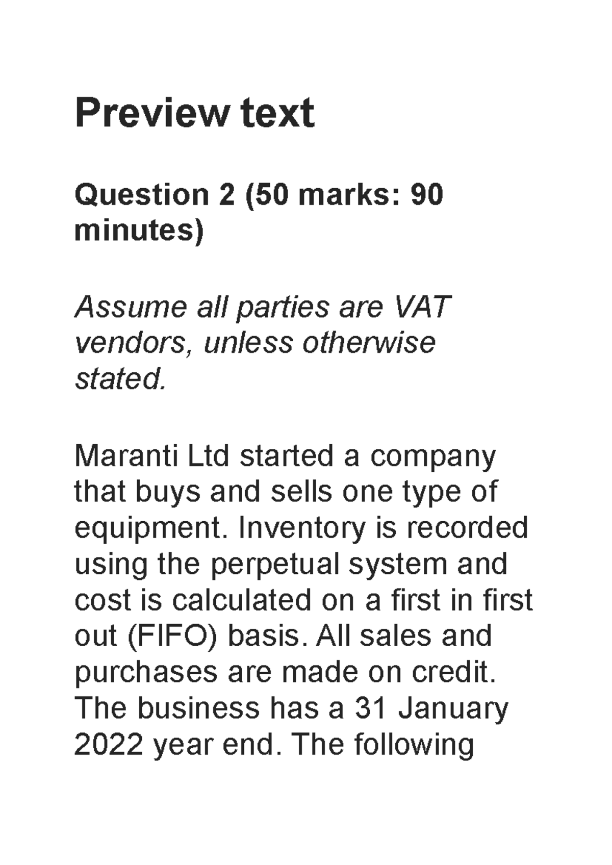 Inventory Preview text Question 2 (50 marks 90 minutes) Assume all