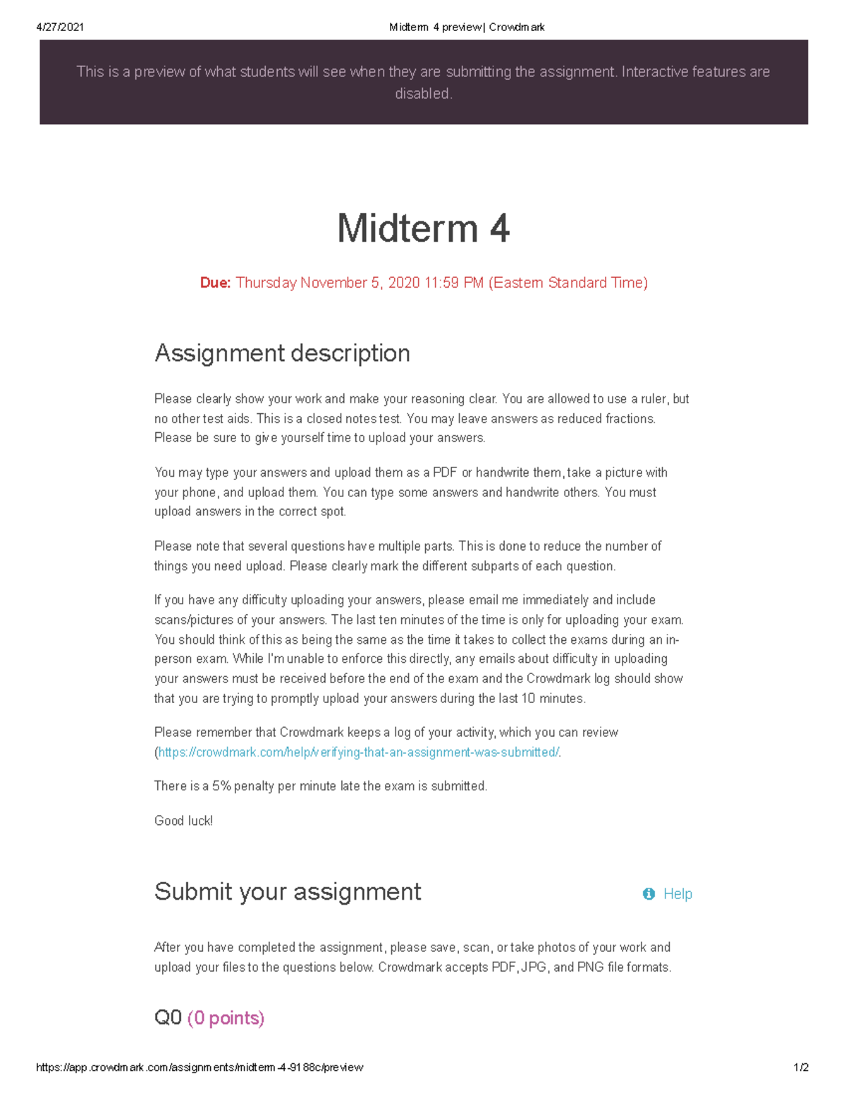 2020 Midterm 4 - 4/27/2021 Midterm 4 preview | Crowdmark - Studocu
