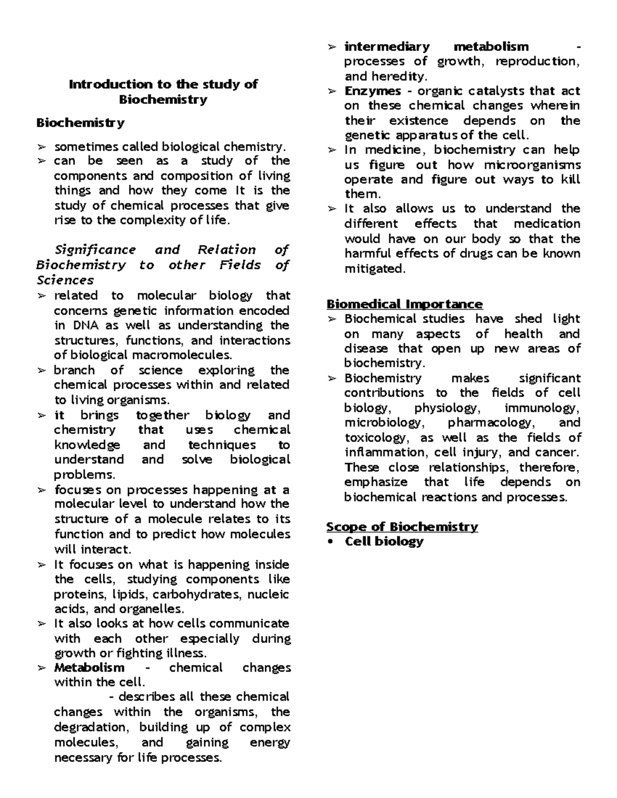 Introduction to the study of Biochemistry - Chemistry - Studocu