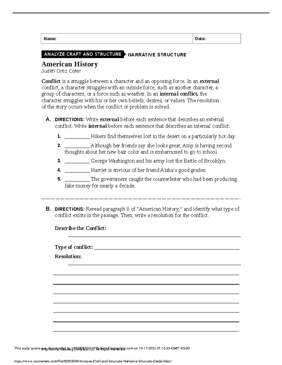 Analyze Craft and Structure Narrative Structure Grade 9 Name Date