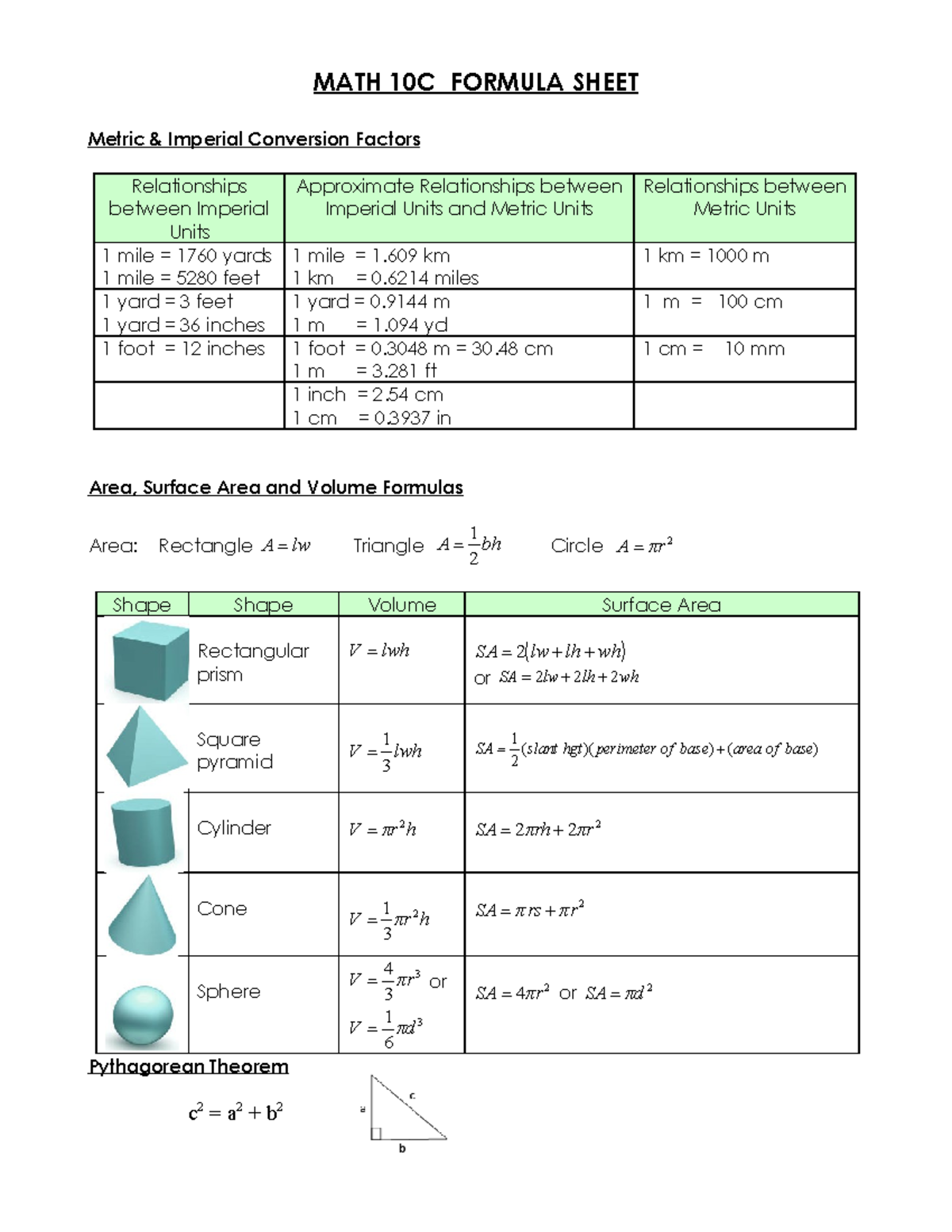 MATH 10C Formula Sheet - MATH 10C FORMULA SHEET Metric & Imperial ...