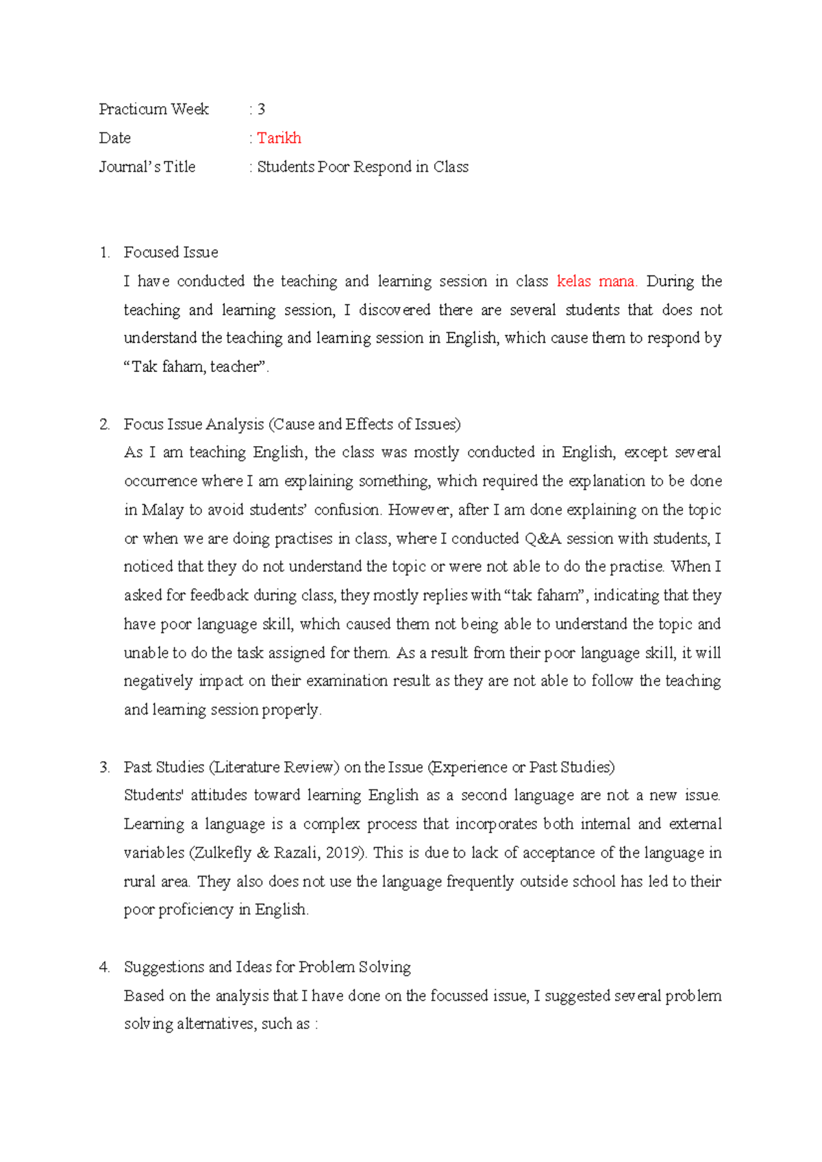 Sample Reflective Journal - Practicum Week : 3 Date : Tarikh Journal’s ...