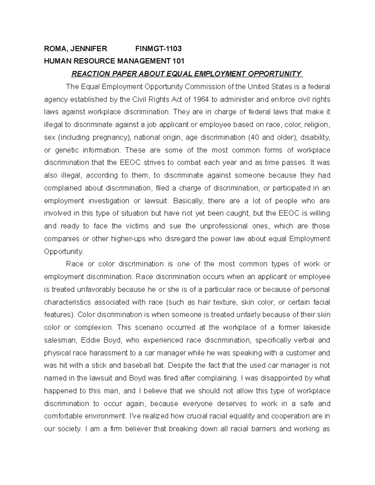 Reaction Paper About Equal Employment Opportunity - ROMA, JENNIFER ...