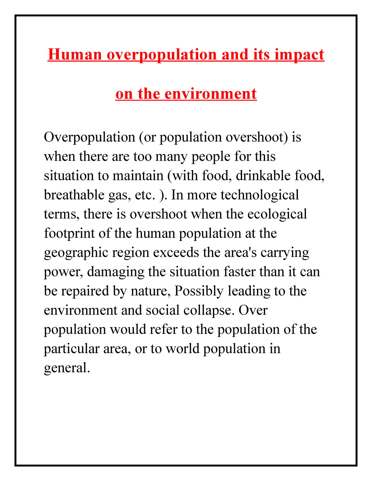 the consequences of overpopulation essay
