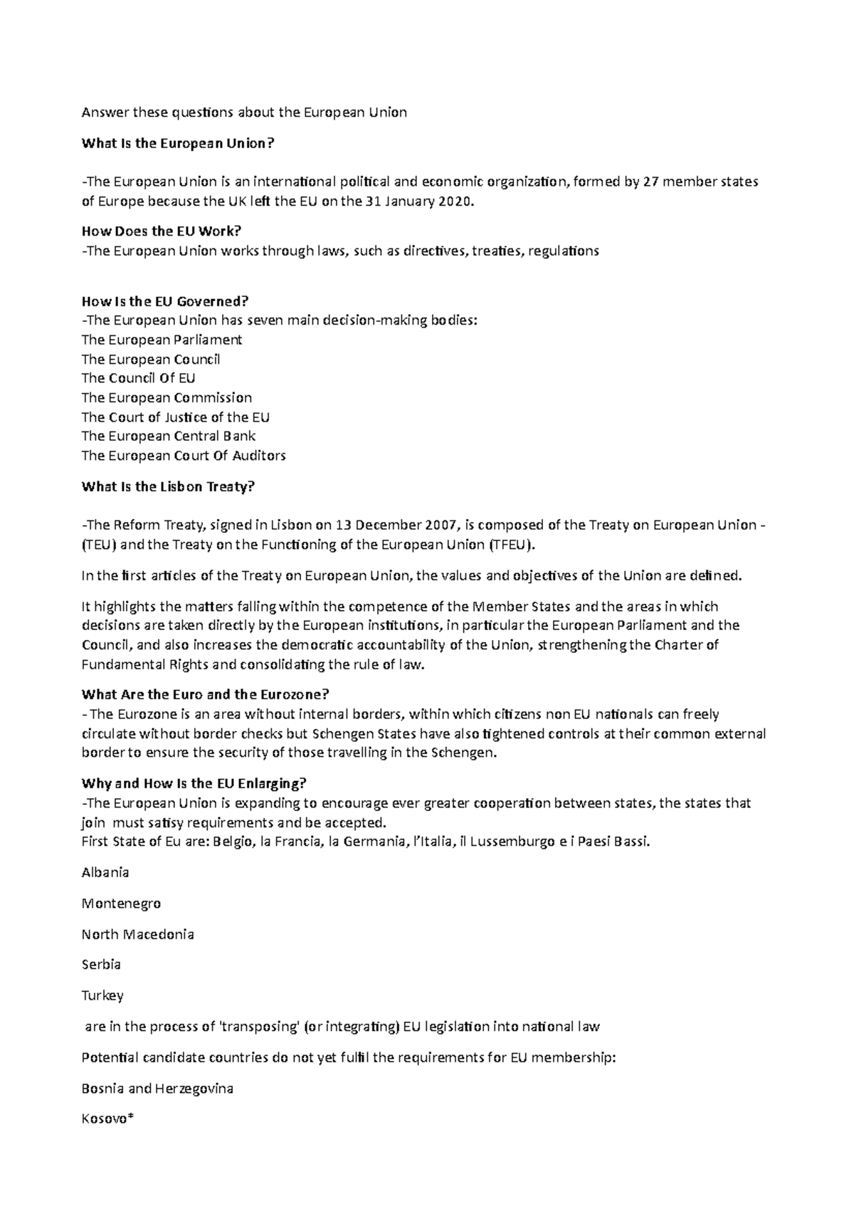 Domande Unione Europea - Answer these quesions about the European Union ...