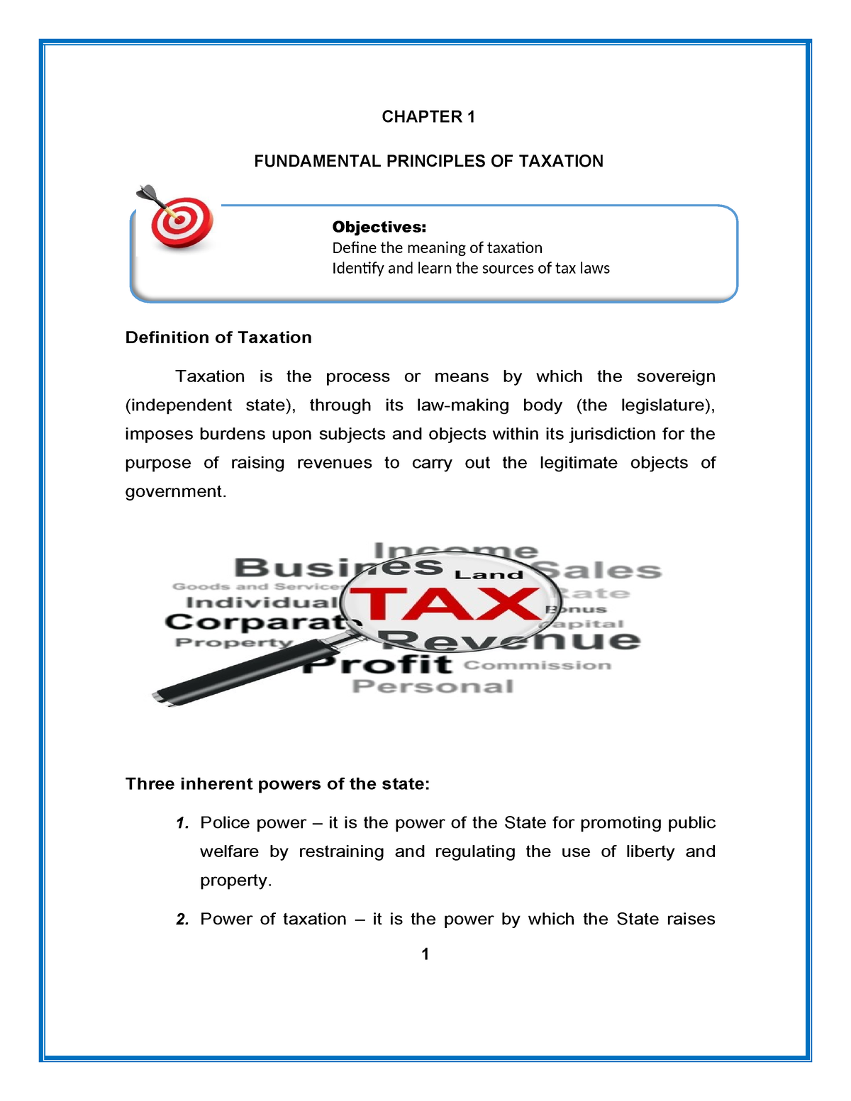 Cbtax 01- Chapter 1 Module - Objectives: Define The Meaning Of Taxation ...